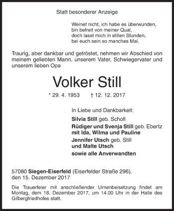 Traueranzeige von Volker Still von Siegener Zeitung