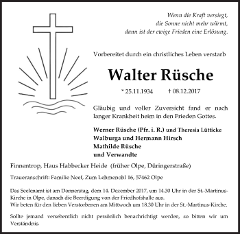 Traueranzeige von Walter Rüsche von Siegener Zeitung