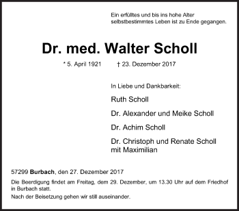 Traueranzeige von Walter Scholl von Siegener Zeitung