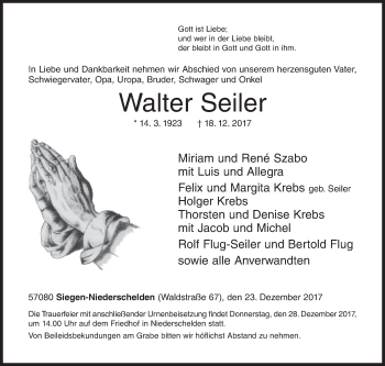 Traueranzeige von Walter Seiler von Siegener Zeitung