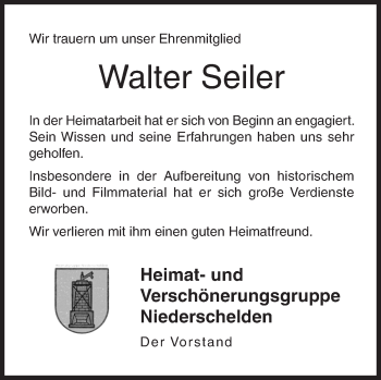 Traueranzeige von Walter Seiler von Siegener Zeitung