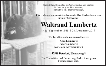 Traueranzeige von Waltraud Lambertz von Siegener Zeitung