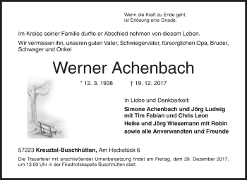 Traueranzeige von Werner Achenbach von Siegener Zeitung