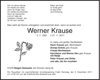 Traueranzeige von Werner Krause von Siegener Zeitung