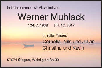 Traueranzeige von Werner Muhlack von Siegener Zeitung