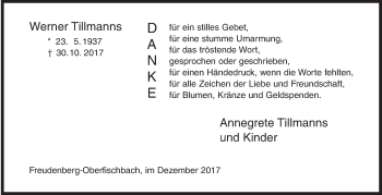 Traueranzeige von Werner Tillmanns von Siegener Zeitung
