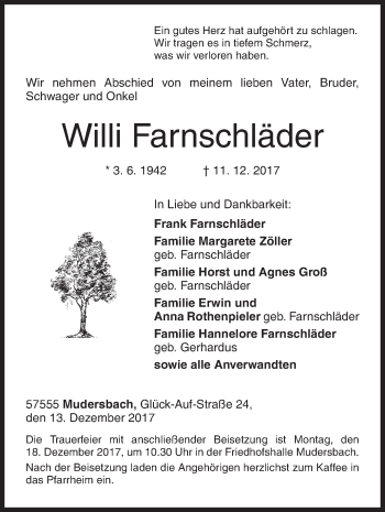 Traueranzeige von Willi Farnschläder von Siegener Zeitung