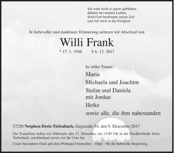 Traueranzeige von Willi Frank von Siegener Zeitung