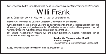 Traueranzeige von Willi Frank von Siegener Zeitung