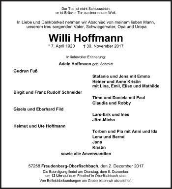 Traueranzeige von Willi Hoffmann von Siegener Zeitung