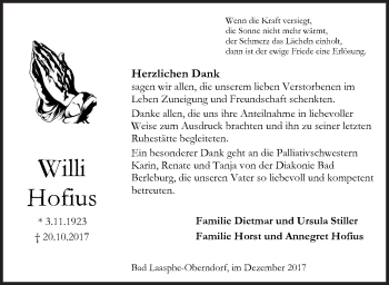 Traueranzeige von Willi Hofius von Siegener Zeitung