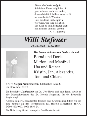 Traueranzeige von Willi Stefener von Siegener Zeitung