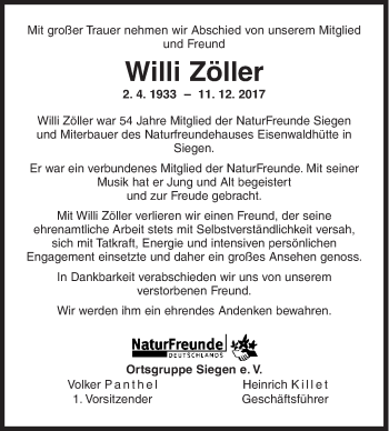 Traueranzeige von Willi Zöller von Siegener Zeitung
