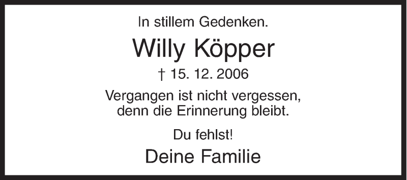  Traueranzeige für Willy Köpper vom 15.12.2017 aus Siegener Zeitung