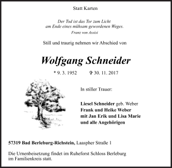 Traueranzeige von Wolfgang Schneider von Siegener Zeitung