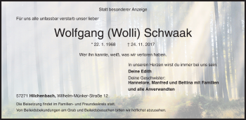 Traueranzeige von Wolfgang  Schwaak von Siegener Zeitung