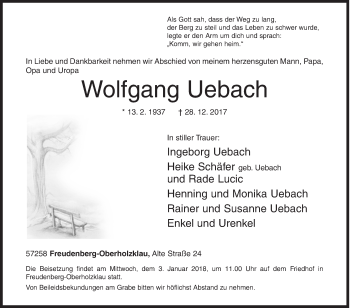 Traueranzeige von Wolfgang Uebach von Siegener Zeitung