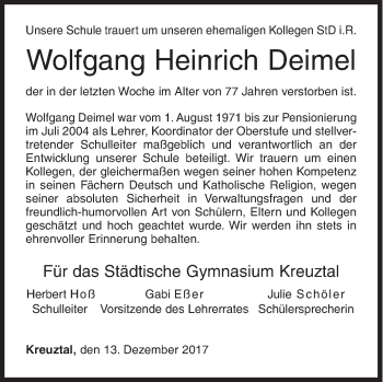 Traueranzeige von Wolfgang Heinrich Deimel von Siegener Zeitung