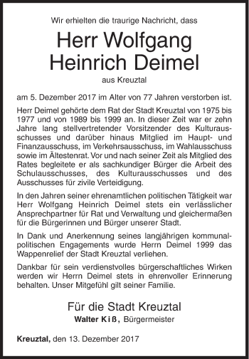 Traueranzeige von Wolfgang Heinrich Deimel von Siegener Zeitung