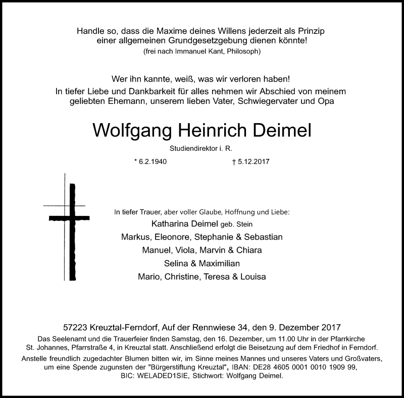  Traueranzeige für Wolfgang Heinrich Deimel vom 09.12.2017 aus Siegener Zeitung
