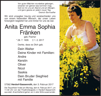 Traueranzeige von Anita Emma Sophia Fränken von Siegener Zeitung