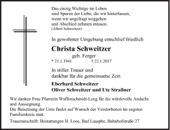 Traueranzeige von Christa Schweitzer von Siegener Zeitung