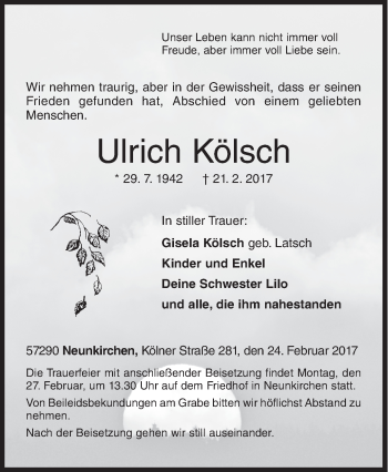 Traueranzeige von Ulrich Kölsch von Siegener Zeitung