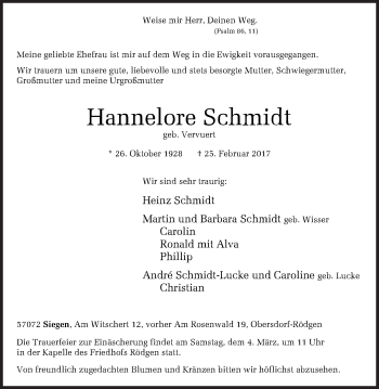 Traueranzeige von Hannelore Schmidt von Siegener Zeitung