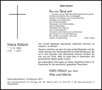 Traueranzeige von Hans Kölsch von Siegener Zeitung