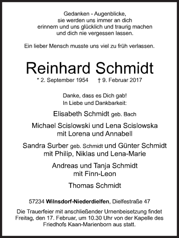 Traueranzeige von Reinhard Schmidt von Siegener Zeitung