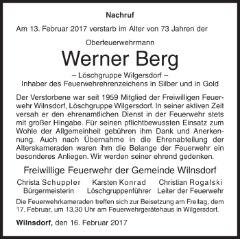 Traueranzeige von Werner Berg von Siegener Zeitung