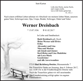 Traueranzeige von Werner Dreisbach von Siegener Zeitung