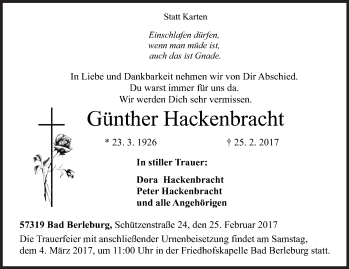 Traueranzeige von Günther Hackenbracht von Siegener Zeitung