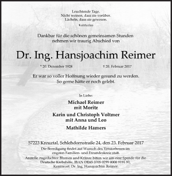 Traueranzeige von Hansjoachim Reimer von Siegener Zeitung