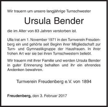 Traueranzeige von Ursula Bender von Siegener Zeitung