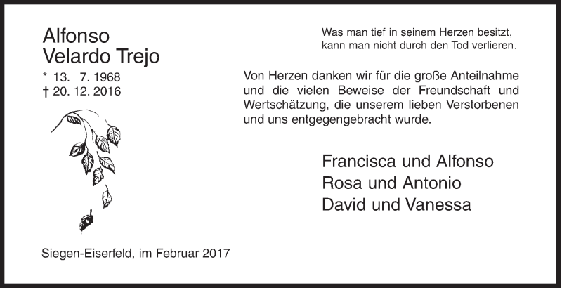  Traueranzeige für Alfonso Velardo Trejo vom 04.02.2017 aus Siegener Zeitung