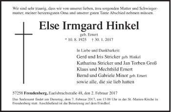 Traueranzeige von Else Irmgard Hinkel von Siegener Zeitung