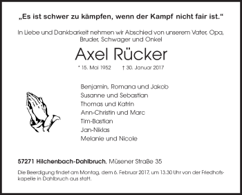 Traueranzeige von Axel Rücker von Siegener Zeitung