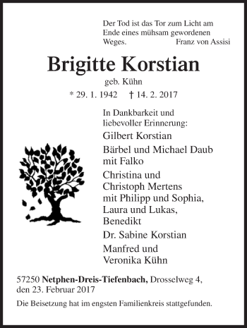 Traueranzeige von Brigitte Korstian von Siegener Zeitung