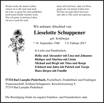 Traueranzeige von Lieselotte Schuppener von Siegener Zeitung