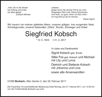 Traueranzeige von Siegfried Kobsch von Siegener Zeitung
