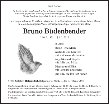 Traueranzeige von Bruno Büdenbender von Siegener Zeitung