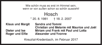 Traueranzeige von Hosch  von Siegener Zeitung