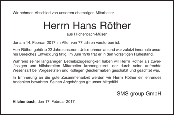 Traueranzeige von Hans Röther von Siegener Zeitung