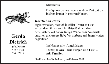 Traueranzeige von Gerda Dietrich von Siegener Zeitung