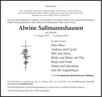 Traueranzeige von Alwine Saßmannshausen von Siegener Zeitung