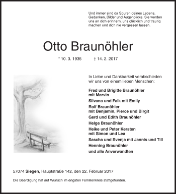 Traueranzeige von Otto Braunöhler von Siegener Zeitung