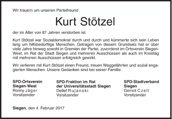 Traueranzeige von Kurt Stötzel von Siegener Zeitung