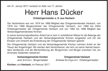 Traueranzeige von Hans Dücker von Siegener Zeitung
