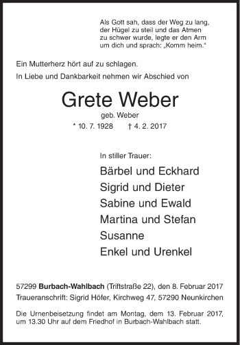 Traueranzeige von Grete Weber von Siegener Zeitung